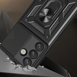Hibridinis šarvuotas dėklas su kameros apsauga ir metaliniu žiedu Samsung Galaxy S25, juodas