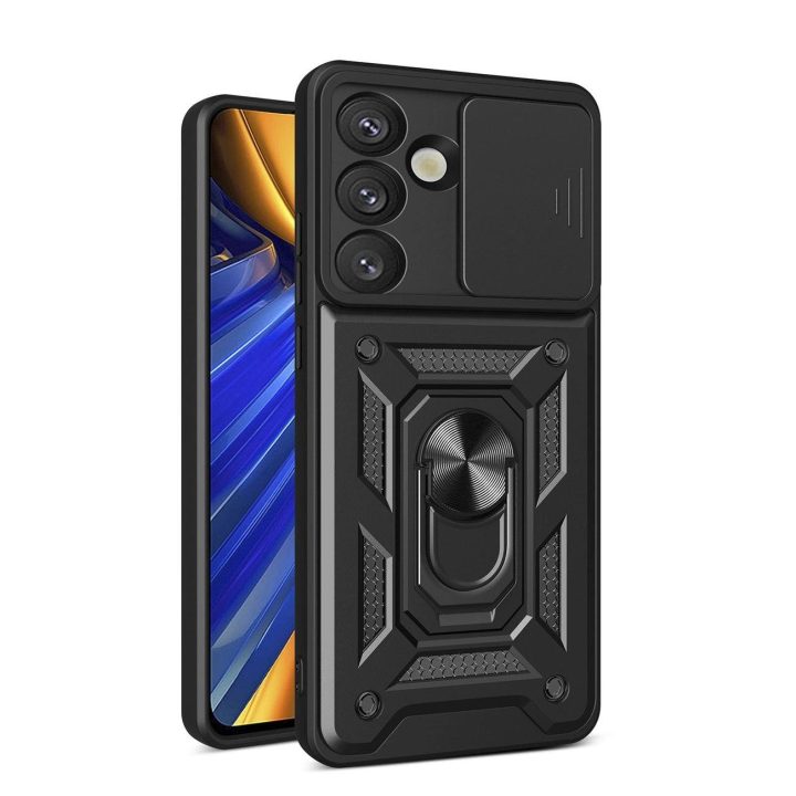 Hibridinis šarvuotas dėklas su kameros apsauga ir metaliniu žiedu Samsung Galaxy S25, juodas