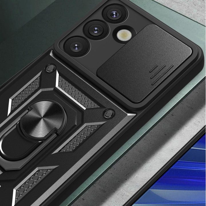 Hibridinis šarvuotas dėklas su kameros apsauga ir metaliniu žiedu Samsung Galaxy S25, juodas