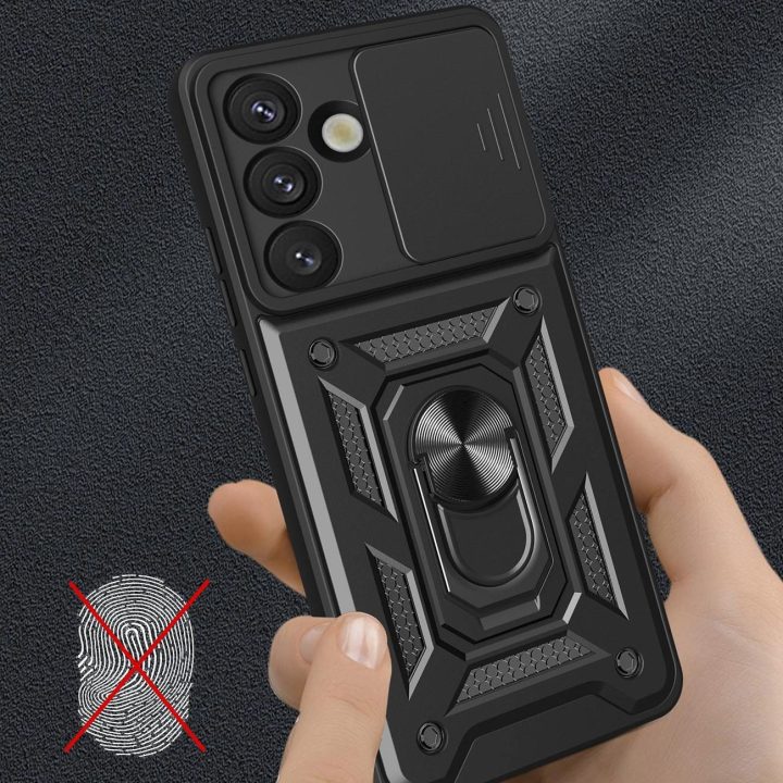 Hibridinis šarvuotas dėklas su kameros apsauga ir metaliniu žiedu Samsung Galaxy S25, juodas