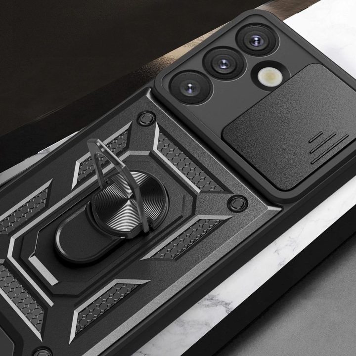 Hibridinis šarvuotas dėklas su kameros apsauga ir metaliniu žiedu Samsung Galaxy S25, juodas