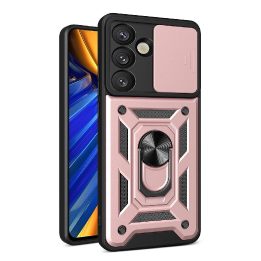Hibridinis šarvuotas dėklas su kameros apsauga ir metaliniu žiedu Samsung Galaxy S25, rožinis
