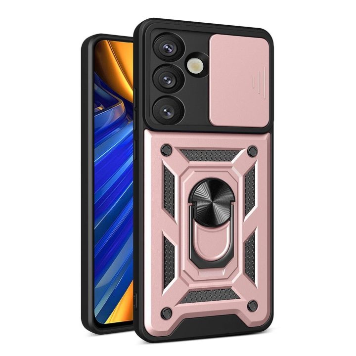 Hibridinis šarvuotas dėklas su kameros apsauga ir metaliniu žiedu Samsung Galaxy S25, rožinis