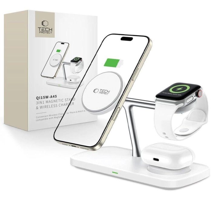 Belaidė įkrovimo stotelė 3 viename su MagSafe, 15W, Apple įrenginiams, balta
