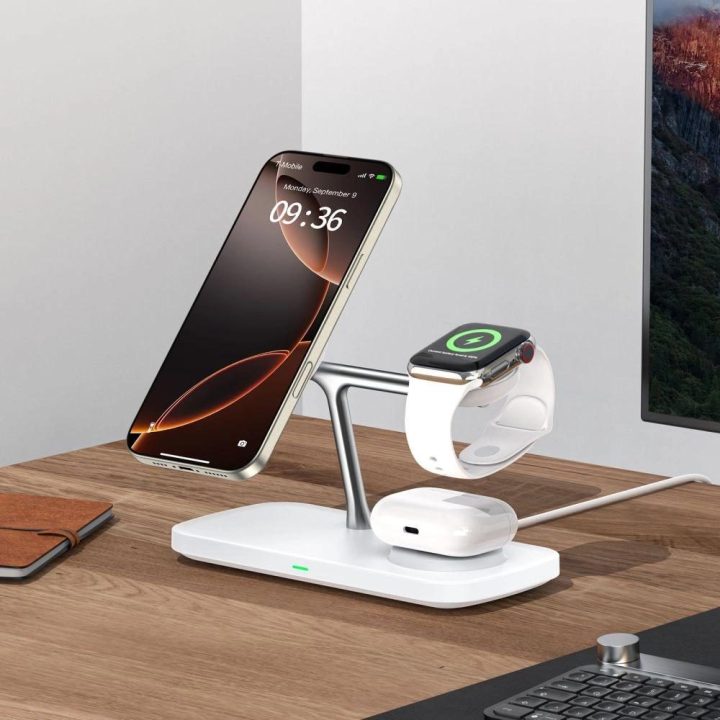 Belaidė įkrovimo stotelė 3 viename su MagSafe, 15W, Apple įrenginiams, balta