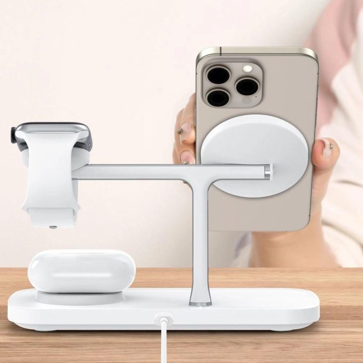 Belaidė įkrovimo stotelė 3 viename su MagSafe, 15W, Apple įrenginiams, balta