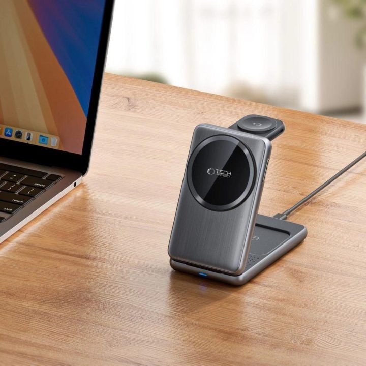 Belaidė įkrovimo stotelė 3 viename su MagSafe, 15W, skirta Apple įrenginiams, pilka