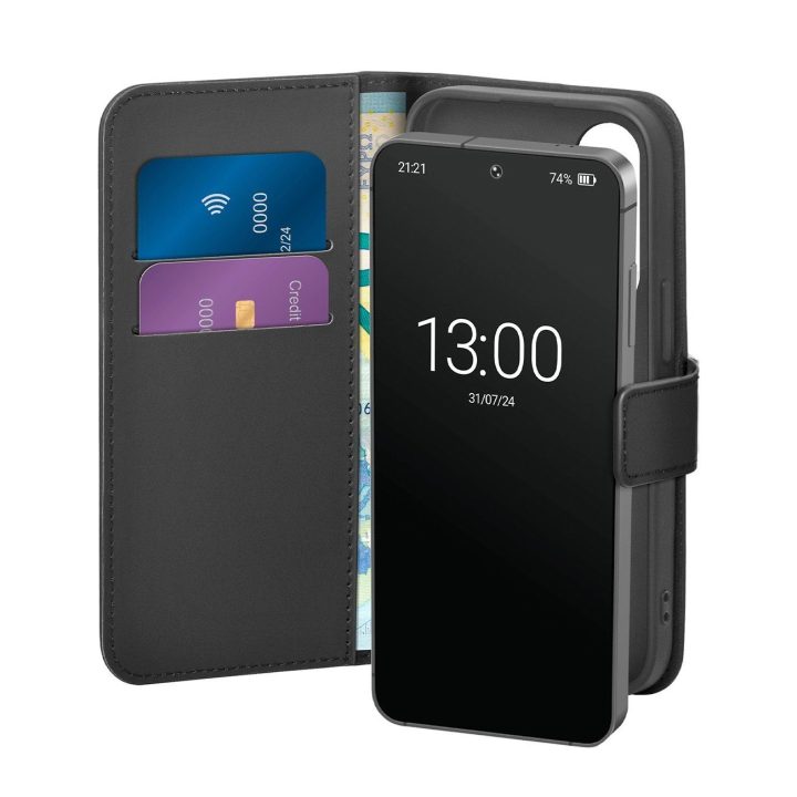 Juodas ekologiškos odos dėklas-knygelė su kortelių skyriumi Samsung Galaxy S25