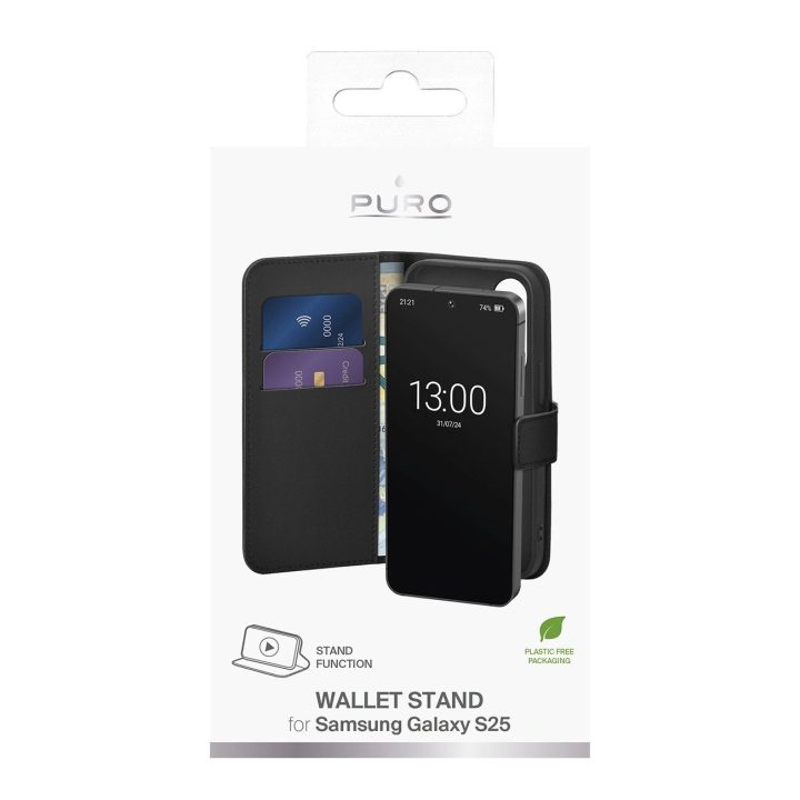 Juodas ekologiškos odos dėklas-knygelė su kortelių skyriumi Samsung Galaxy S25