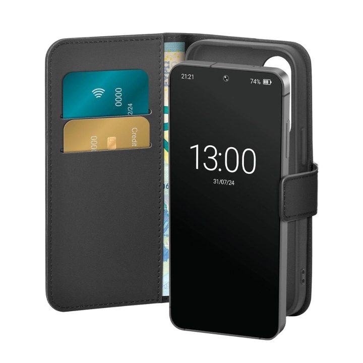 Juodas ekologiškos odos dėklas-knygelė su pinigine Samsung Galaxy S25+