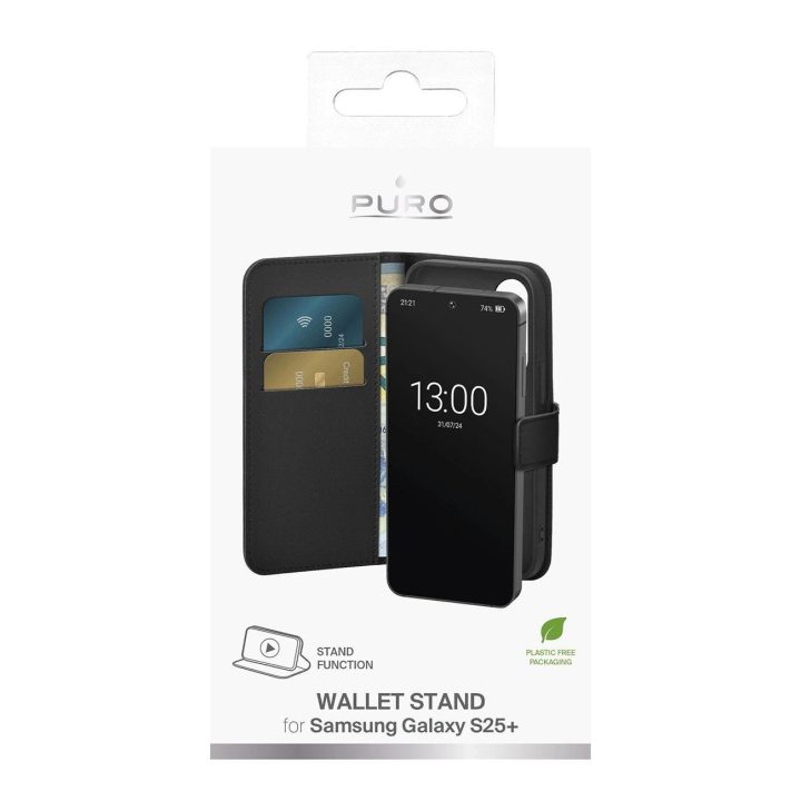 Juodas ekologiškos odos dėklas-knygelė su pinigine Samsung Galaxy S25+