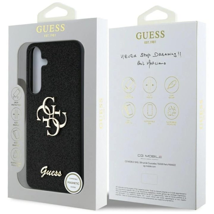 Guess blizgus juodas dėklas Samsung Galaxy S25 su 4G logotipu