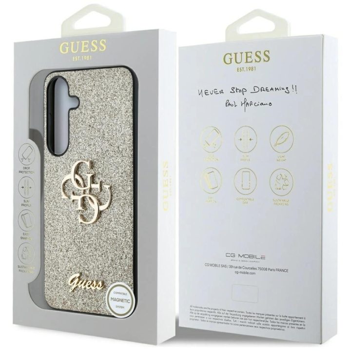 Guess blizgus auksinis dėklas Samsung Galaxy S25 Plus