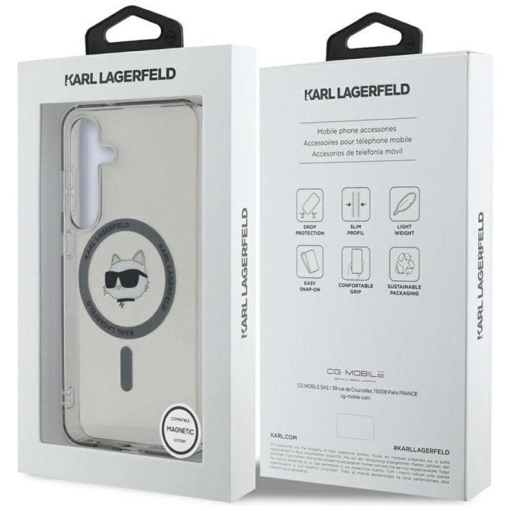 Karl Lagerfeld juodas dėklas su Choupette dizainu, MagSafe, Samsung S25