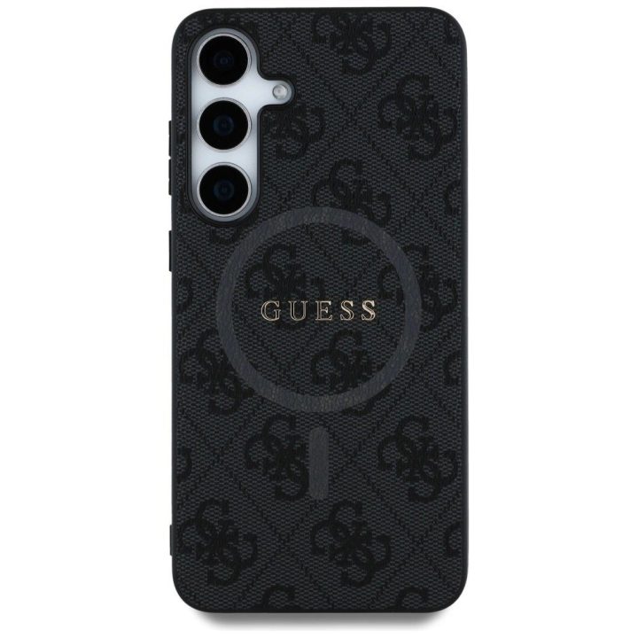 Guess odinis dėklas 4G su žiedu, MagSafe, Samsung Galaxy S25, juodas