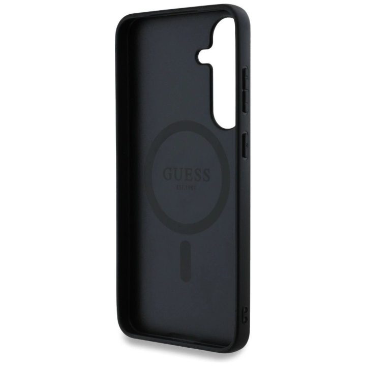 Guess odinis dėklas 4G su žiedu, MagSafe, Samsung Galaxy S25, juodas