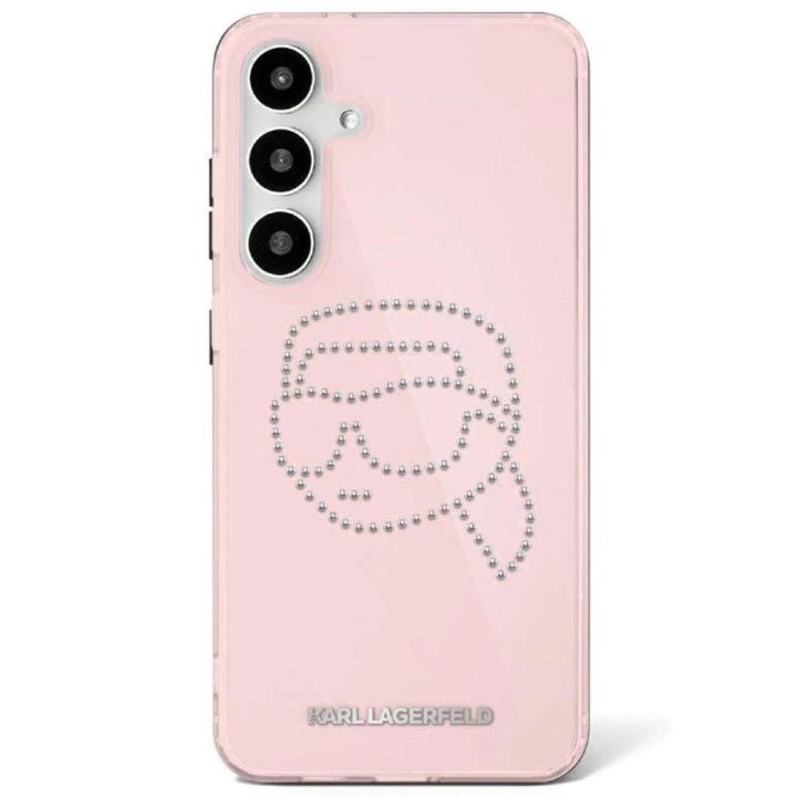 Karl Lagerfeld rožinis Samsung Galaxy S25 dėklas su kristalais