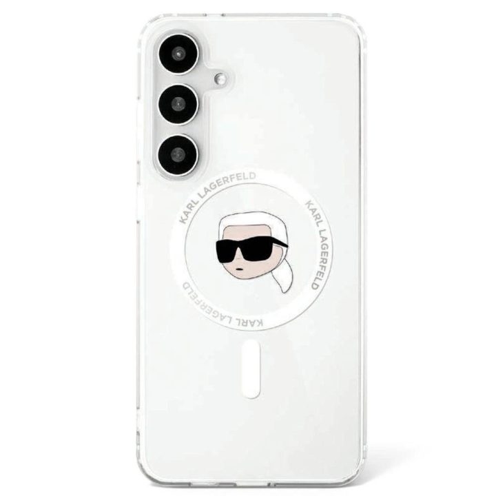 Karl Lagerfeld dėklas Samsung Galaxy S25, baltas – MagSafe, Karl Head spauda, logotipas