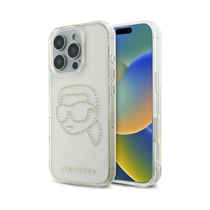 Karl Lagerfeld permatomas dėklas su rhinestones dekoru iPhone 16 Pro