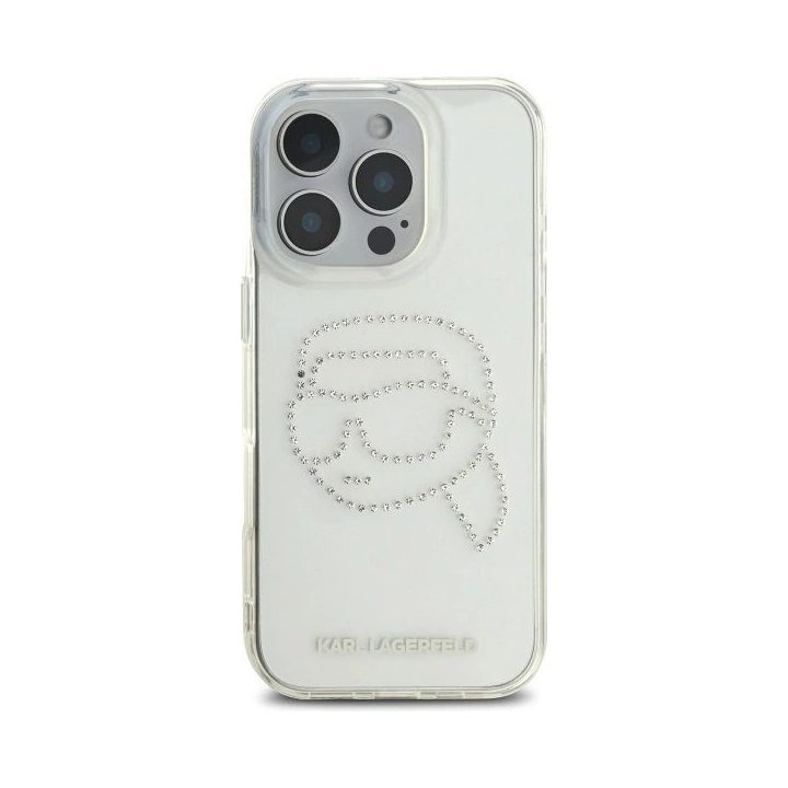 Karl Lagerfeld permatomas dėklas su rhinestones dekoru iPhone 16 Pro