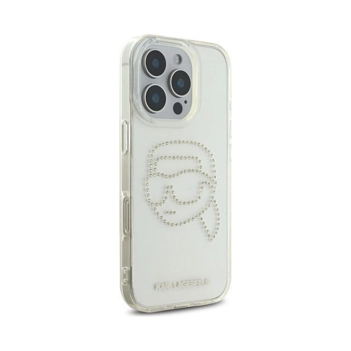 Karl Lagerfeld permatomas dėklas su rhinestones dekoru iPhone 16 Pro