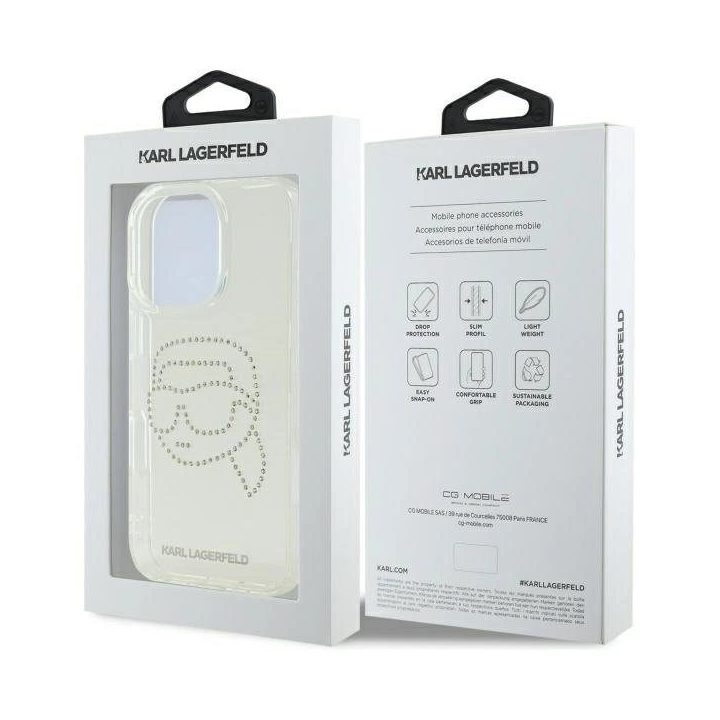 Karl Lagerfeld permatomas dėklas su rhinestones dekoru iPhone 16 Pro