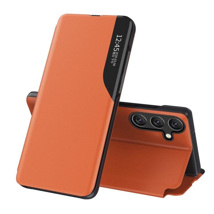 Ekologiškos odos dėklas su atverčiamu viršeliu ir stovu Samsung Galaxy A26, oranžinis