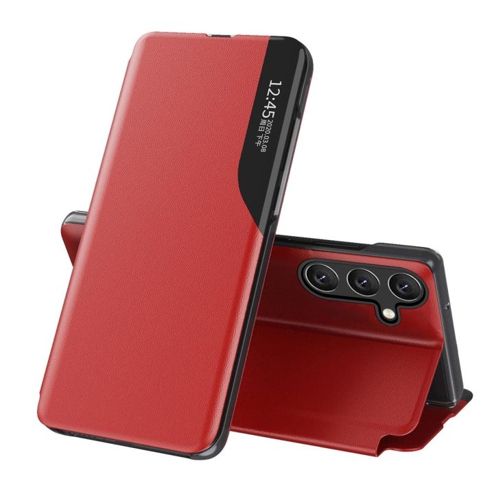 Elegantiškas raudonas Eco Leather View dėklas su atverčiamu viršeliu ir stovo funkcija Samsung Galaxy A56