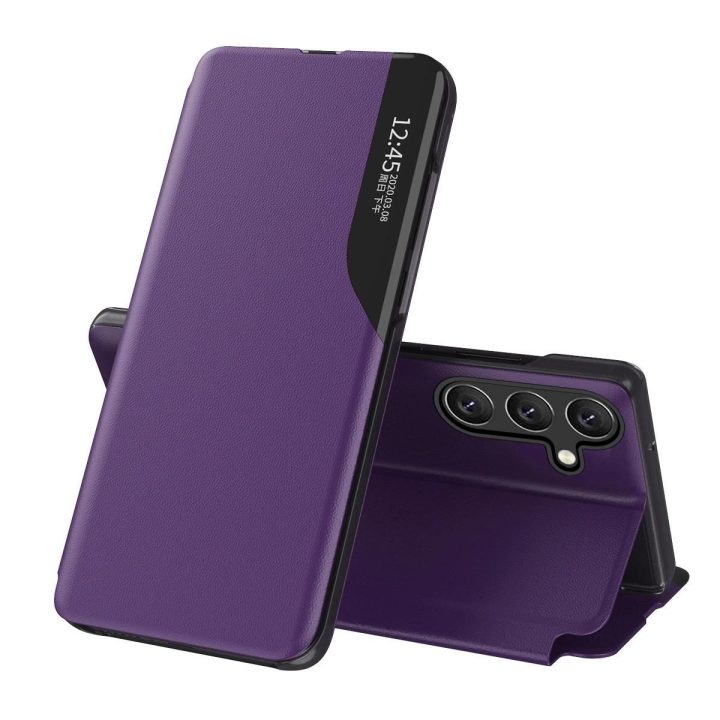 Ekologiškos odos dėklas su atverčiamu dangteliu ir stovu Samsung Galaxy A26, violetinis