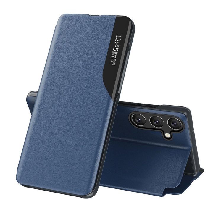 Ekologiškos odos dėklas su atverčiamu viršeliu ir stovu Samsung Galaxy A26, mėlynas