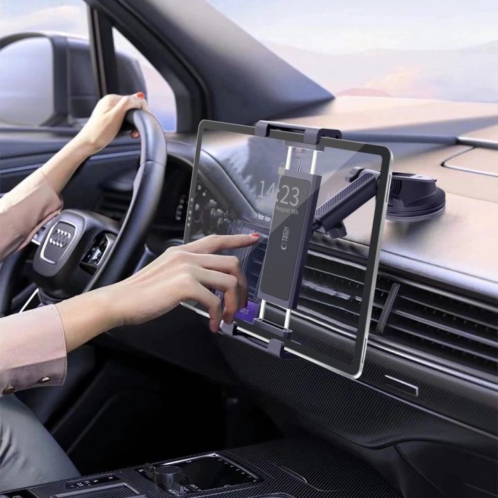 Automobilinis planšetės laikiklis prie panelės – juodas