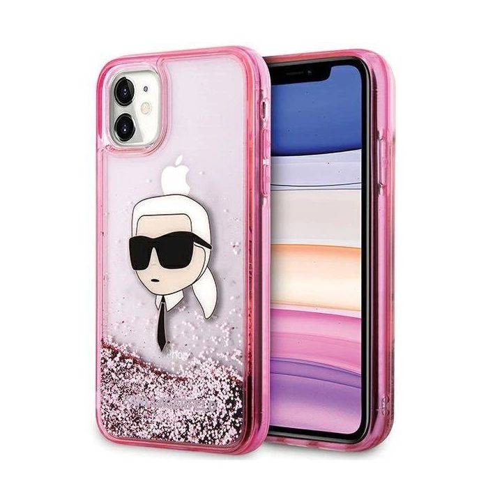 Karl Lagerfeld blizgus rožinis iPhone 11/XR dėklas su Karl galva
