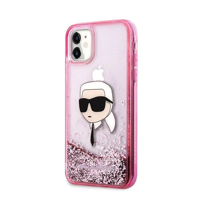 Karl Lagerfeld blizgus rožinis iPhone 11/XR dėklas su Karl galva