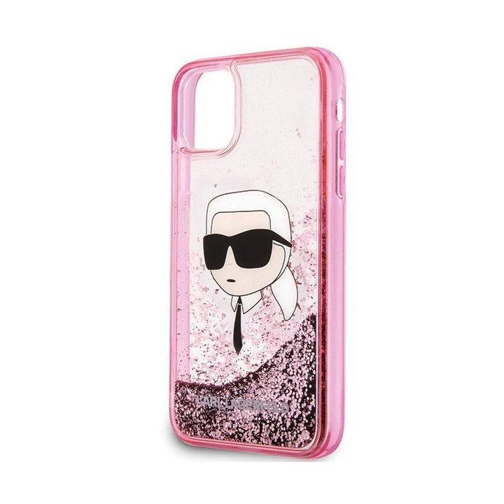 Karl Lagerfeld blizgus rožinis iPhone 11/XR dėklas su Karl galva