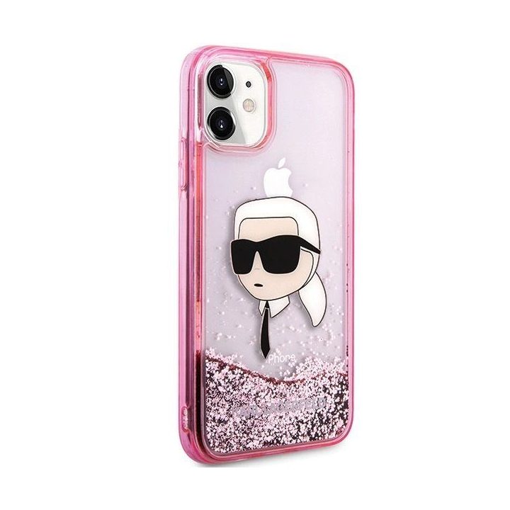 Karl Lagerfeld blizgus rožinis iPhone 11/XR dėklas su Karl galva