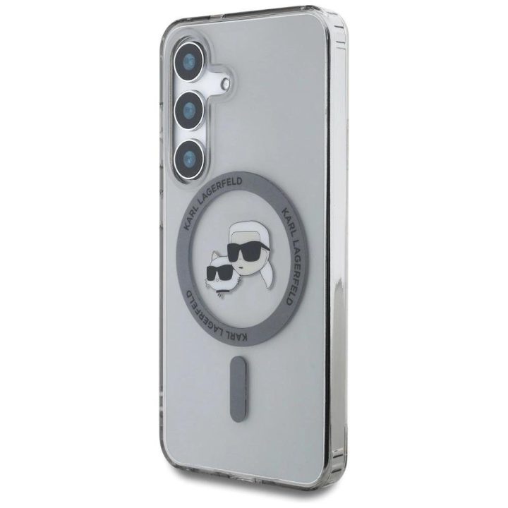 Karl Lagerfeld juodas MagSafe dėklas Samsung Galaxy S25 su Karl ir Choupette atvaizdu