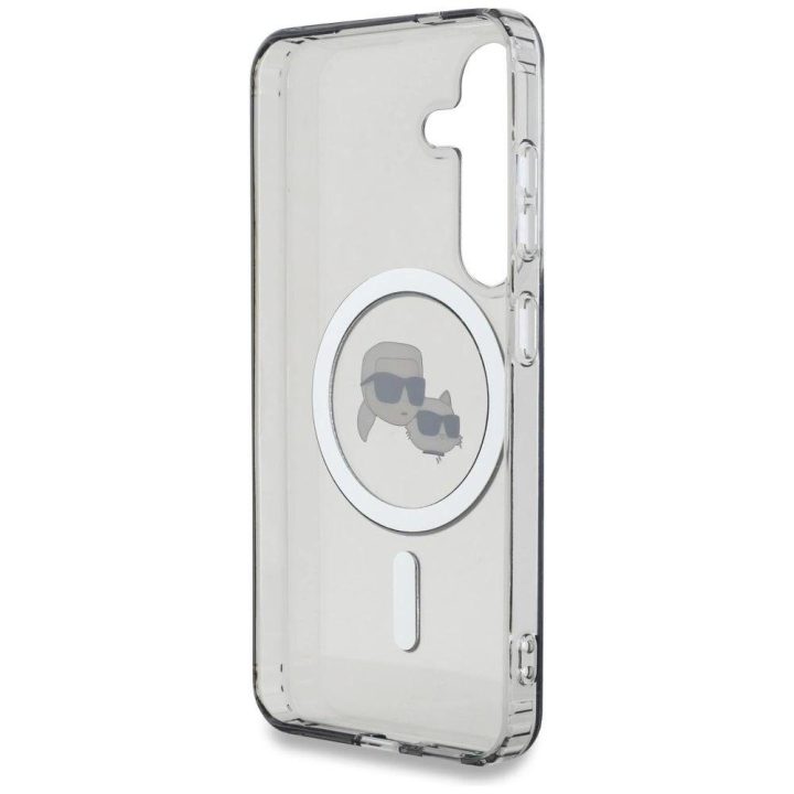Karl Lagerfeld juodas MagSafe dėklas Samsung Galaxy S25 su Karl ir Choupette atvaizdu