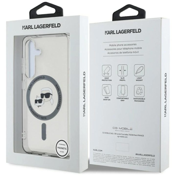 Karl Lagerfeld juodas MagSafe dėklas Samsung Galaxy S25 su Karl ir Choupette atvaizdu
