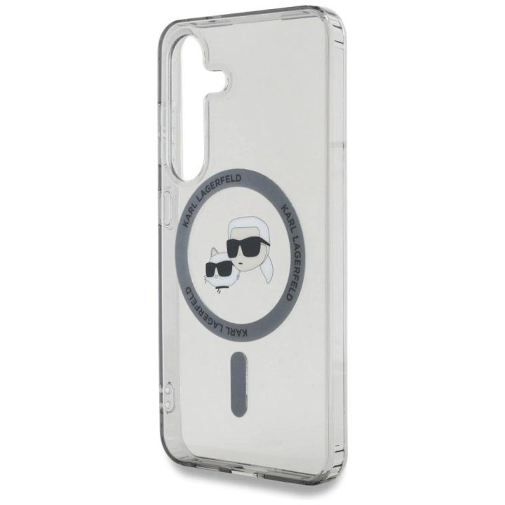 Karl Lagerfeld juodas MagSafe dėklas Samsung Galaxy S25 su Karl ir Choupette atvaizdu