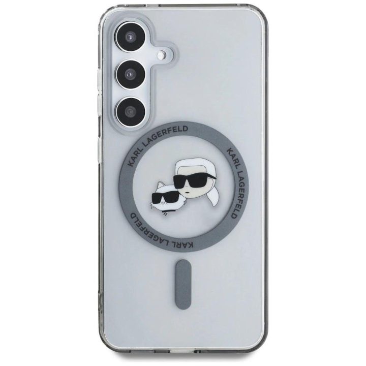 Karl Lagerfeld juodas MagSafe dėklas Samsung Galaxy S25 su Karl ir Choupette atvaizdu