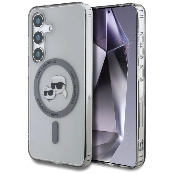 Karl Lagerfeld juodas MagSafe dėklas Samsung Galaxy S25 su Karl ir Choupette atvaizdu