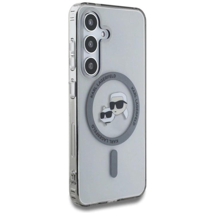 Karl Lagerfeld juodas MagSafe dėklas Samsung Galaxy S25 su Karl ir Choupette atvaizdu