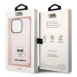 Karl Lagerfeld iPhone 14 Pro dėklas – rožinis, skaidrus, Choupette dizainas