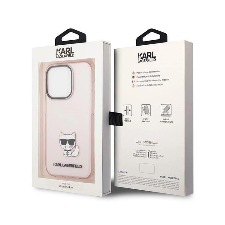 Karl Lagerfeld iPhone 14 Pro dėklas – rožinis, skaidrus, Choupette dizainas