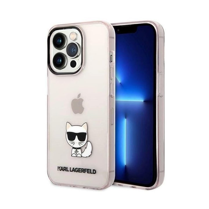 Karl Lagerfeld iPhone 14 Pro dėklas – rožinis, skaidrus, Choupette dizainas