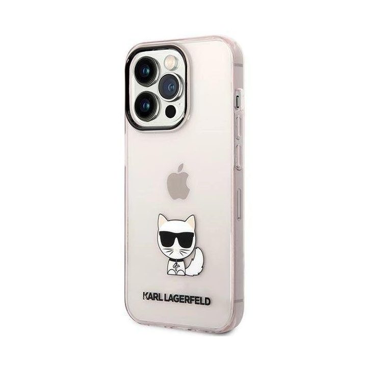 Karl Lagerfeld iPhone 14 Pro dėklas – rožinis, skaidrus, Choupette dizainas