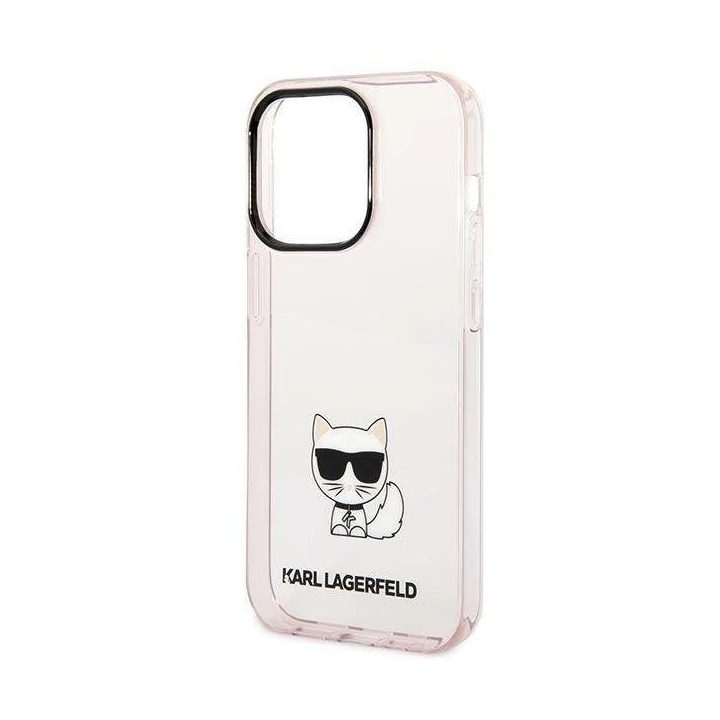 Karl Lagerfeld iPhone 14 Pro dėklas – rožinis, skaidrus, Choupette dizainas