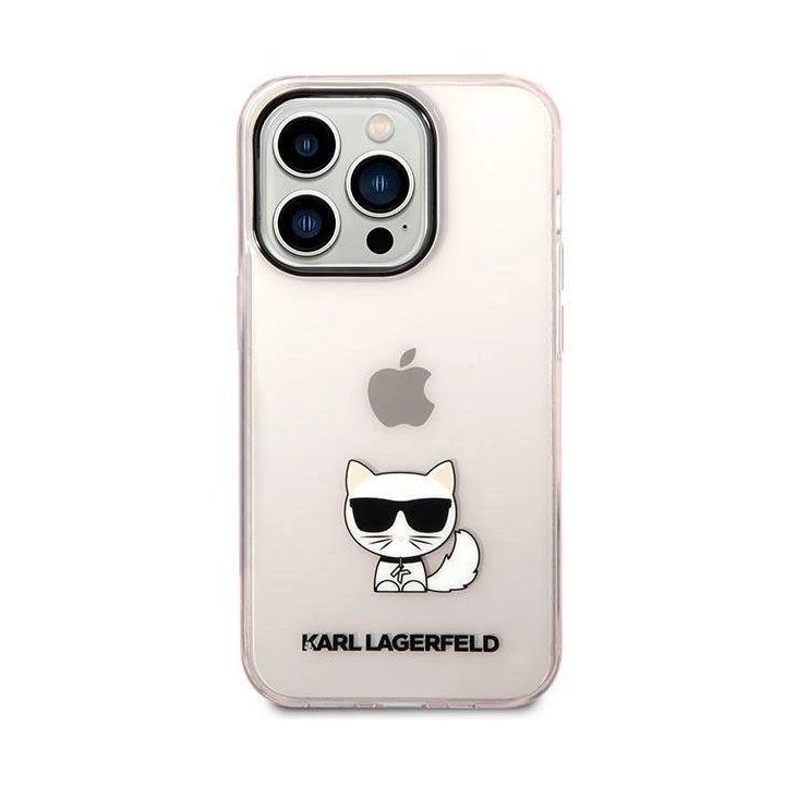 Karl Lagerfeld iPhone 14 Pro dėklas – rožinis, skaidrus, Choupette dizainas