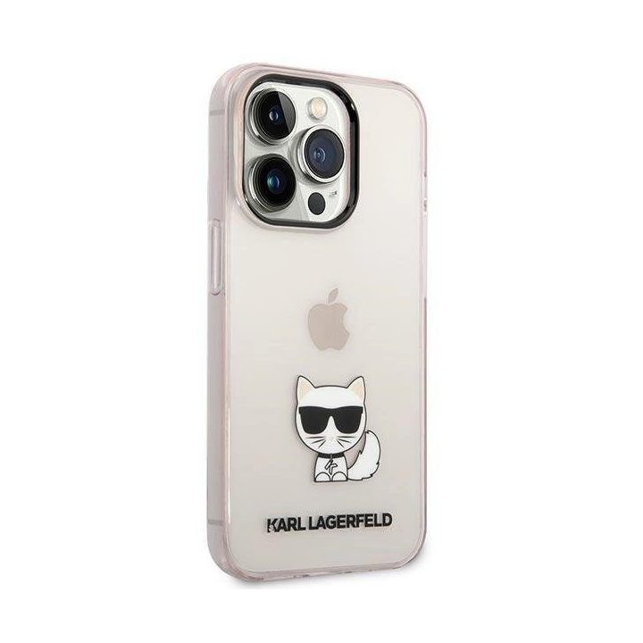 Karl Lagerfeld iPhone 14 Pro dėklas – rožinis, skaidrus, Choupette dizainas