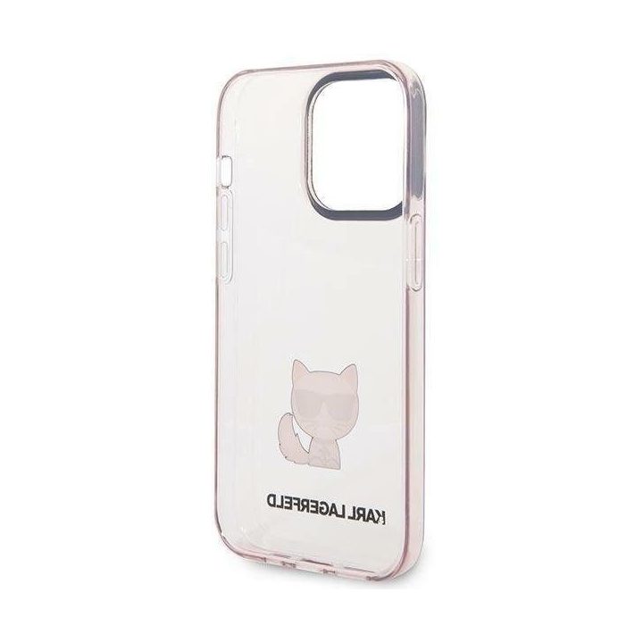 Karl Lagerfeld iPhone 14 Pro dėklas – rožinis, skaidrus, Choupette dizainas